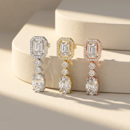 Emerald Oval Round Lab Grown Diamond Drop Earrings