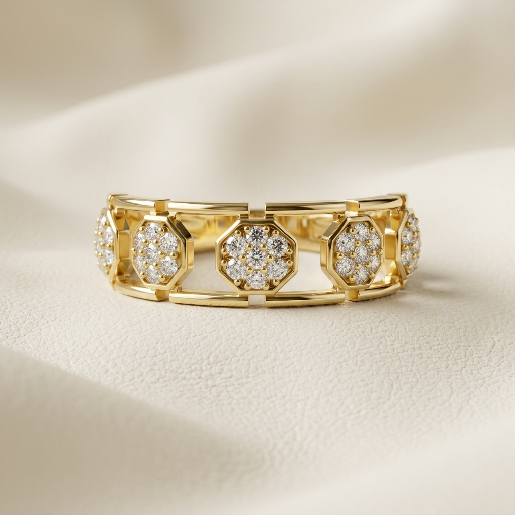 Modern Hexagon Link Round Lab Grown Diamond Ring