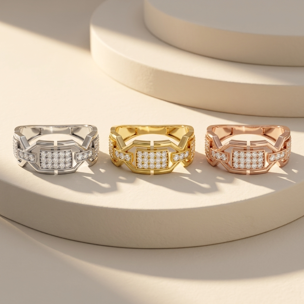 Round Lab Grown Diamond Geometric Link Ring