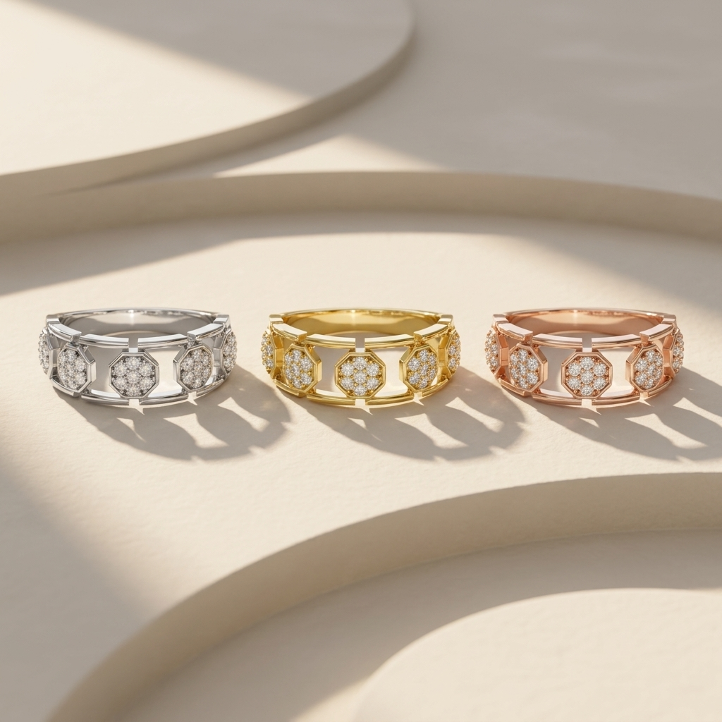 Modern Hexagon Link Round Lab Grown Diamond Ring