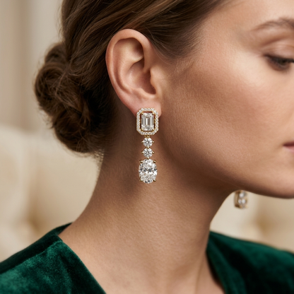 Emerald Oval Round Lab Grown Diamond Drop Earrings