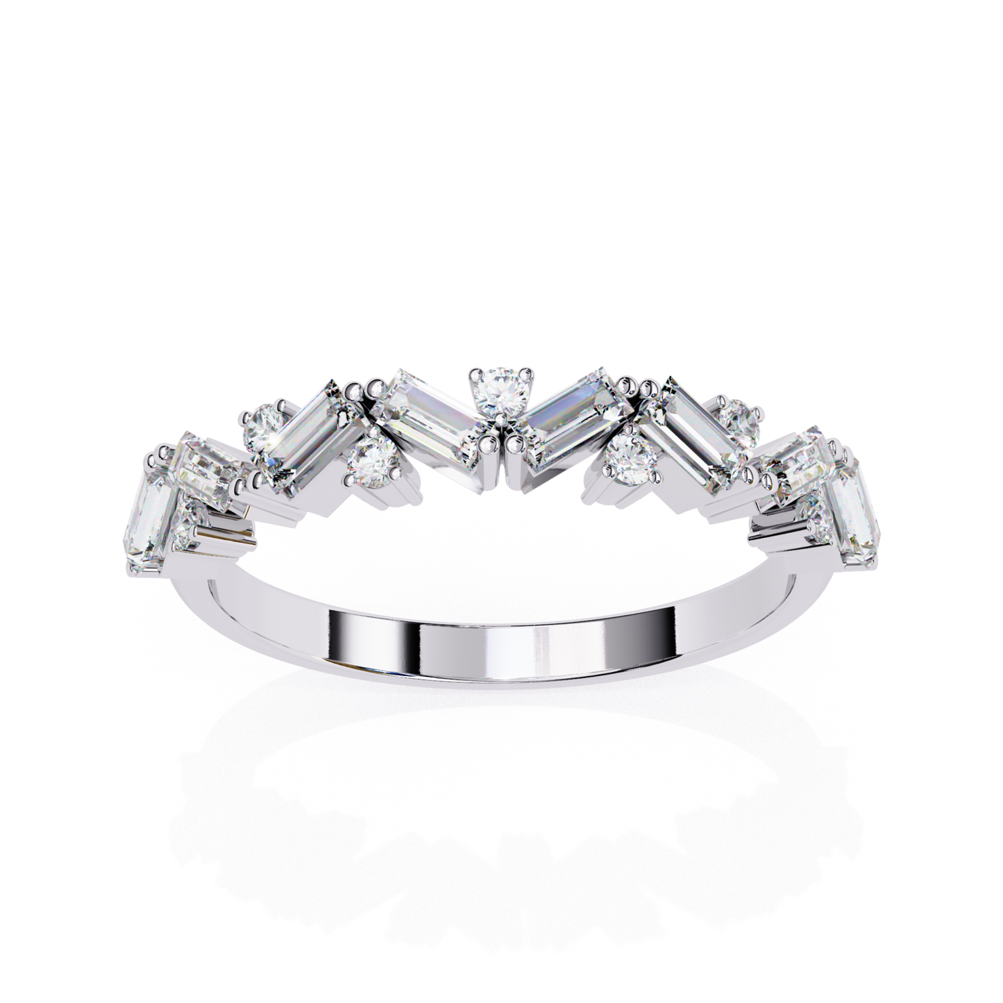 Side view of a white gold band featuring baguette cut diamonds with round accents