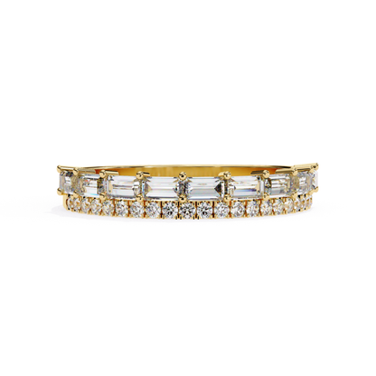 Front view of a yellow gold band set with baguette and round diamonds