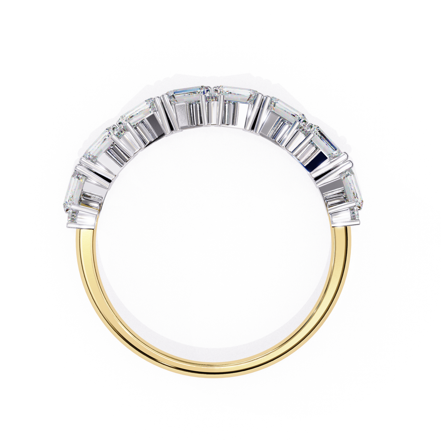Angled side view of a rose gold ring with baguette cut diamonds in a curved setting