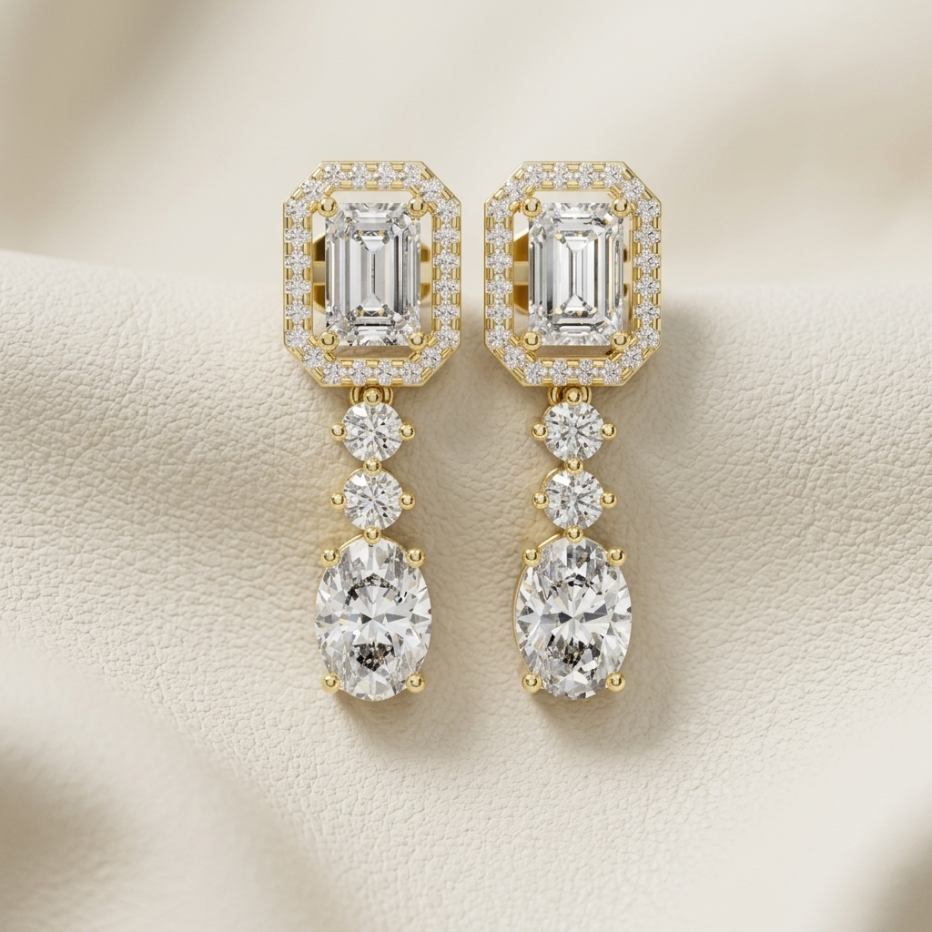 Emerald Oval Round Lab Grown Diamond Drop Earrings
