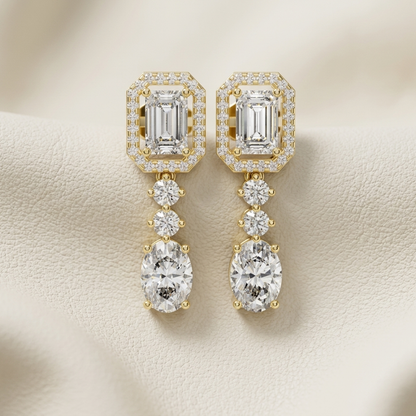 Emerald Oval Round Lab Grown Diamond Drop Earrings