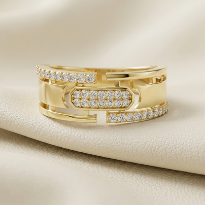 Round Lab Grown Diamond Open Architectural Statement Ring in Yellow Gold