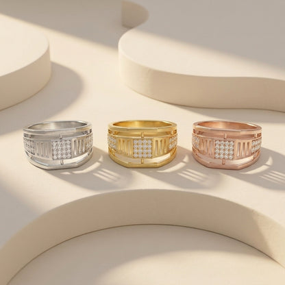 Round Lab Grown Diamond Architectural Statement Ring in Yellow Gold