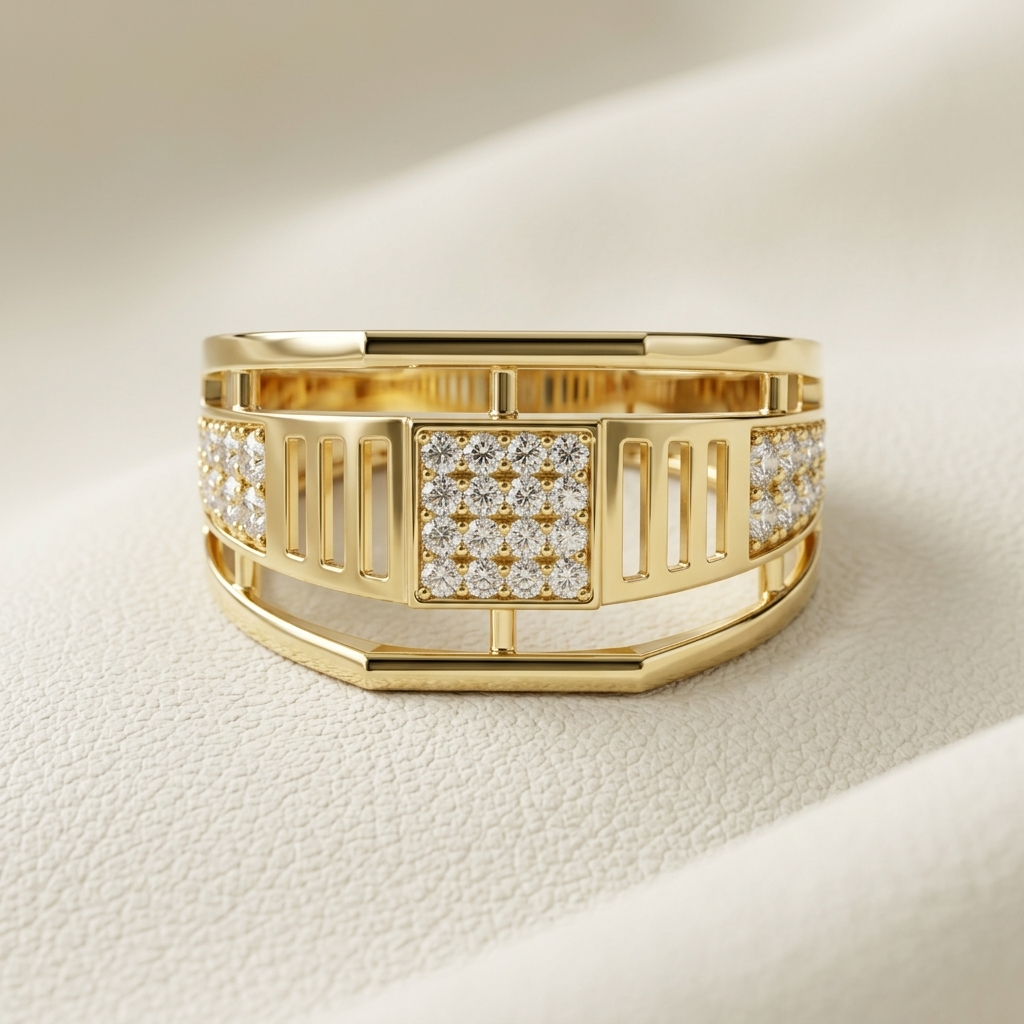 Round Lab Grown Diamond Architectural Statement Ring in Yellow Gold