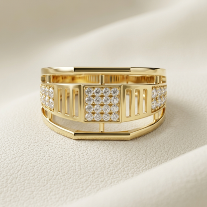 Round Lab Grown Diamond Architectural Statement Ring in Yellow Gold