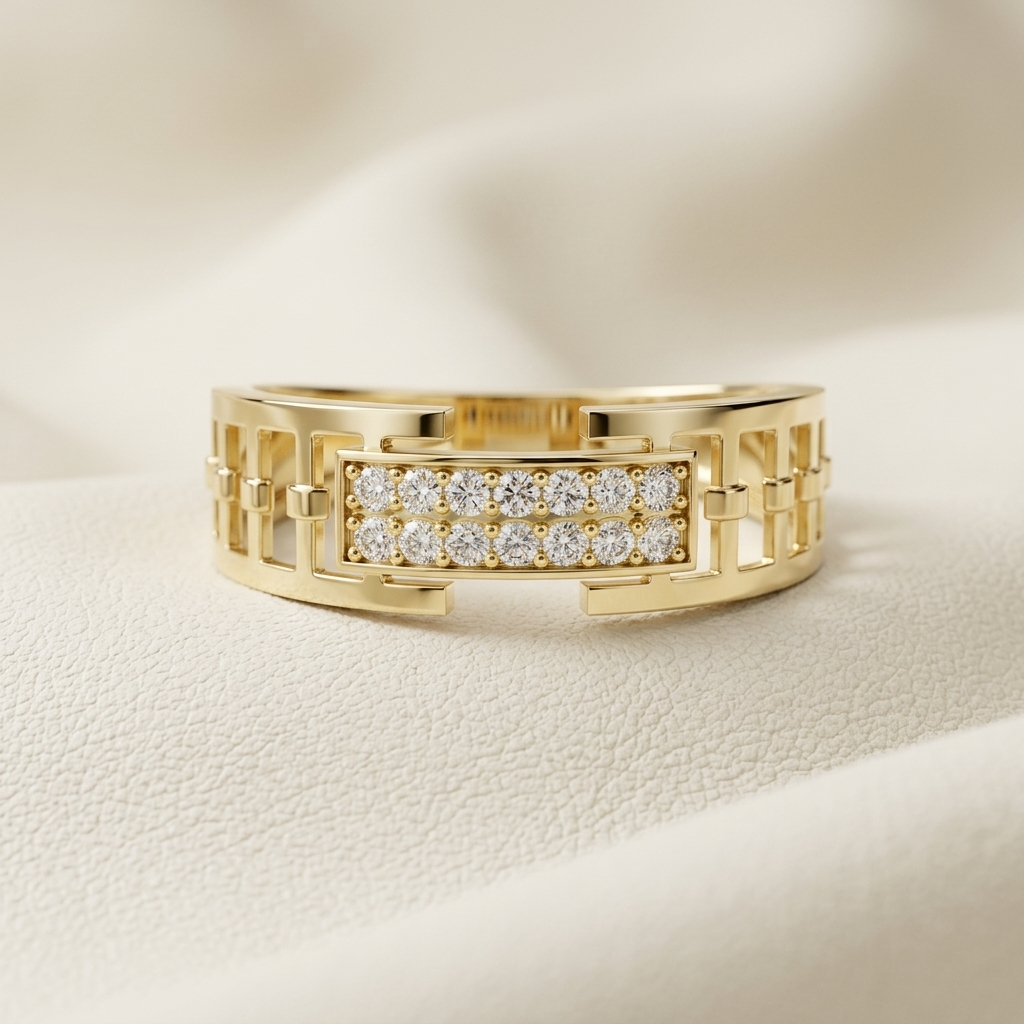 Round Lab Grown Diamond Geometric Statement Ring in Yellow Gold