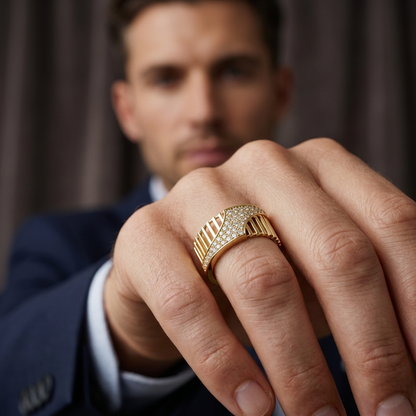 Round Lab Grown Diamond Architectural Pavé Statement Ring in Yellow Gold