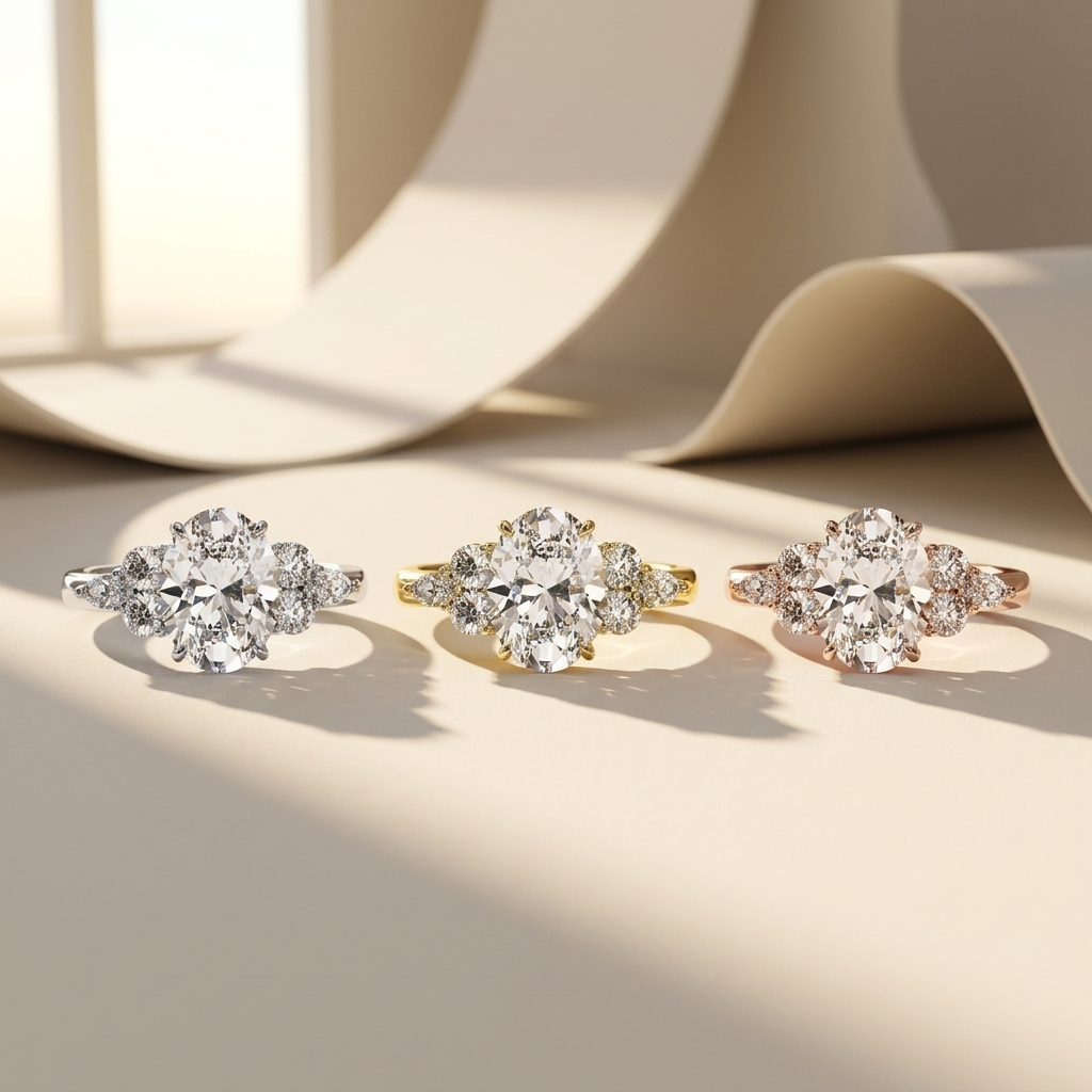 Oval lab grown diamond cluster engagement ring in 14K yellow gold
Prong-set oval center diamond with round and marquise accent clusters
E-F color VVS-VS lab grown diamond three-position cluster ring
Yellow gold oval cut diamond engagement ring, front view