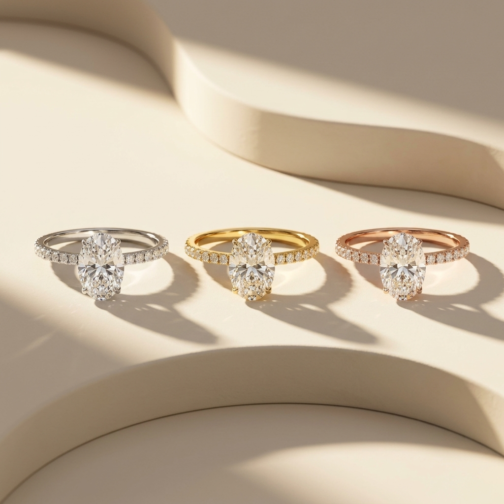 Lab grown oval cut diamond solitaire engagement ring in 14K yellow gold
Oval center diamond in a four-prong claw setting
Yellow gold pavé-set band with matched accent diamonds
IGI certified oval cut diamond solitaire ring, front view