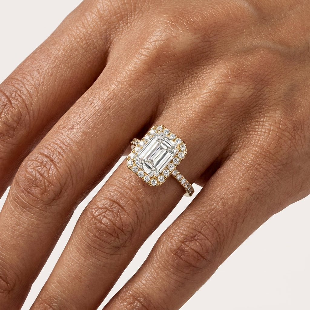 engagement ring, emerald cut ring, lab grown diamond, halo ring, yellow gold ring, emerald diamond ring, pavé ring, micro pave halo, prong setting, IGI certified, 14k gold ring, art deco ring, anniversary gift, diamond ring