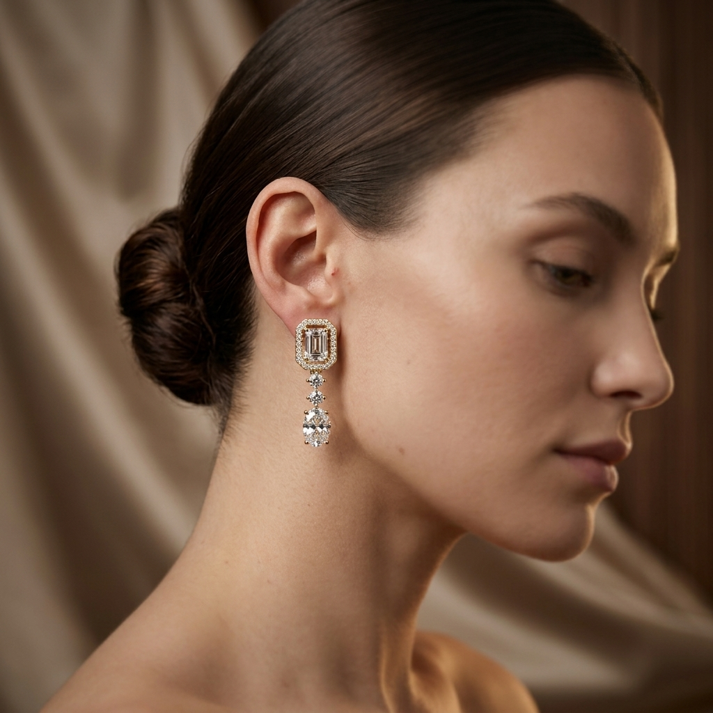 Emerald Cut Halo Drop Lab Grown Diamond Earrings