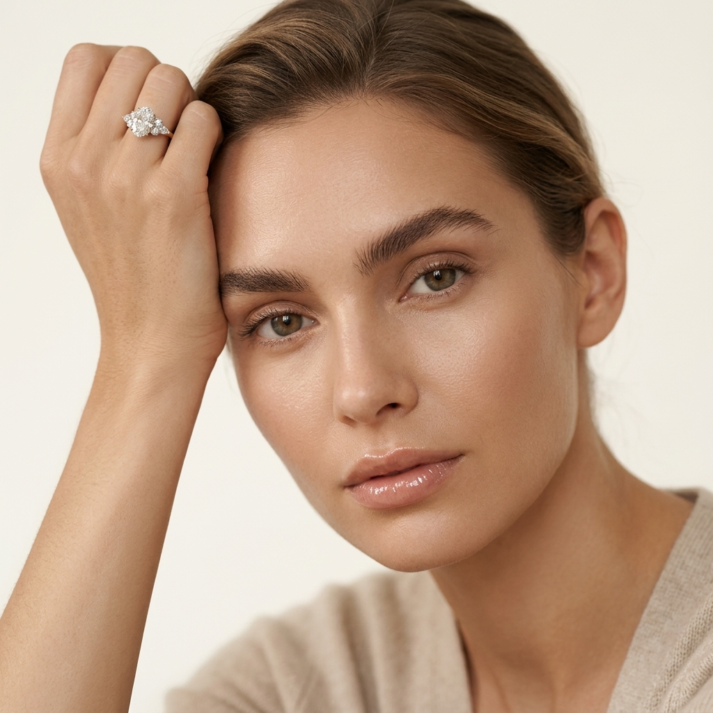 Oval lab grown diamond cluster engagement ring in 14K yellow gold
Prong-set oval center diamond with round and marquise accent clusters
E-F color VVS-VS lab grown diamond three-position cluster ring
Yellow gold oval cut diamond engagement ring, front view