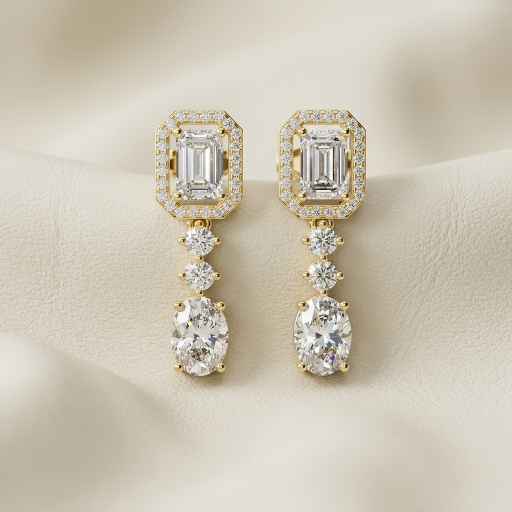 Emerald Cut Halo Drop Lab Grown Diamond Earrings