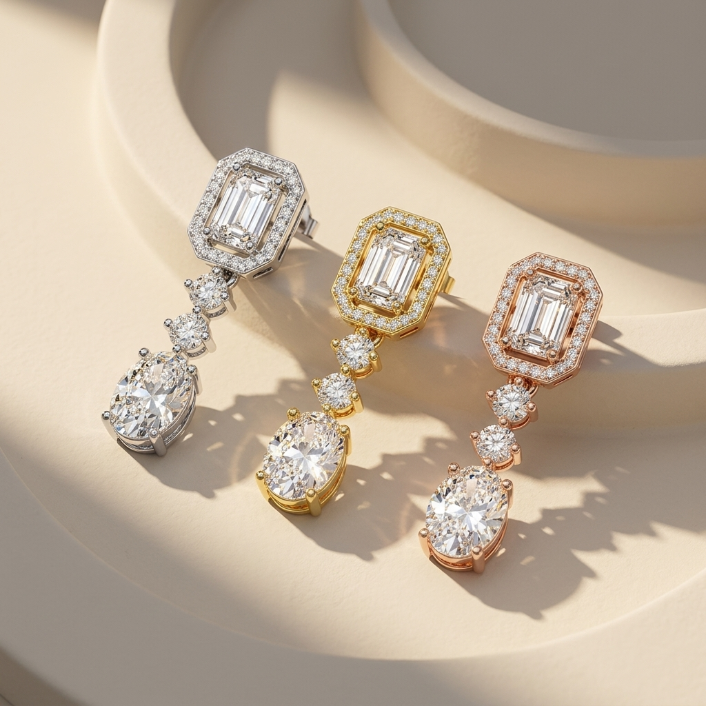 Emerald Cut Halo Drop Lab Grown Diamond Earrings