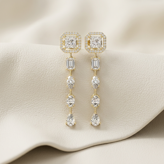 Princess Cut Halo Lab Grown Diamond Drop Earrings in Yellow Gold