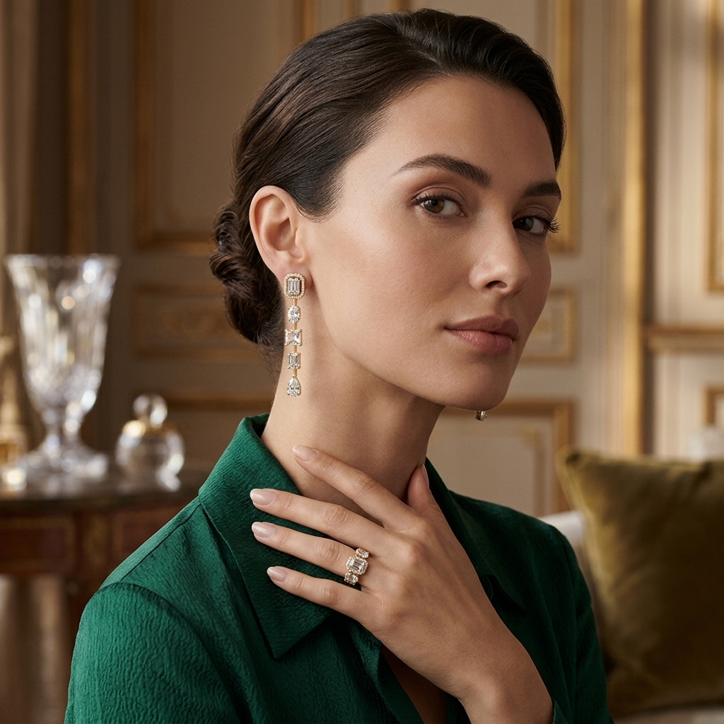 Luxury diamond dangle earrings featuring emerald, oval, princess and pear cut lab grown diamonds.

