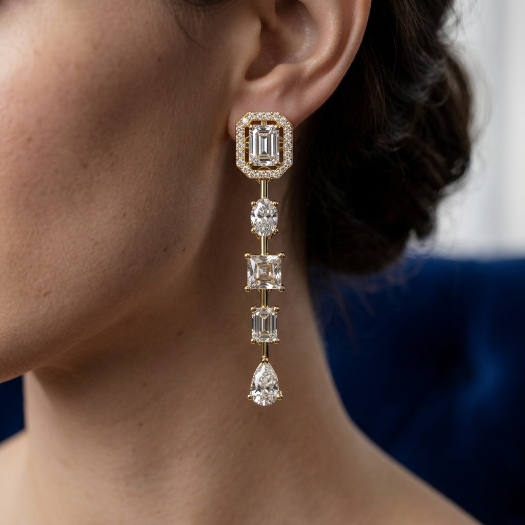 Elegant yellow gold bridal drop earrings with halo and multi-shape diamond design.
