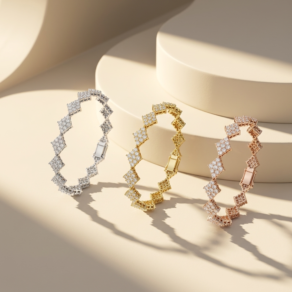 Elegant yellow gold diamond tennis bracelet with secure clasp and floral-inspired links.
