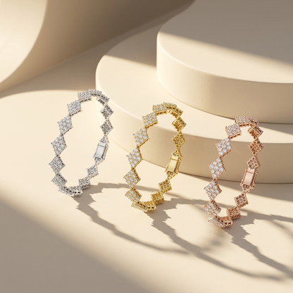 Elegant yellow gold diamond tennis bracelet with secure clasp and floral-inspired links.
