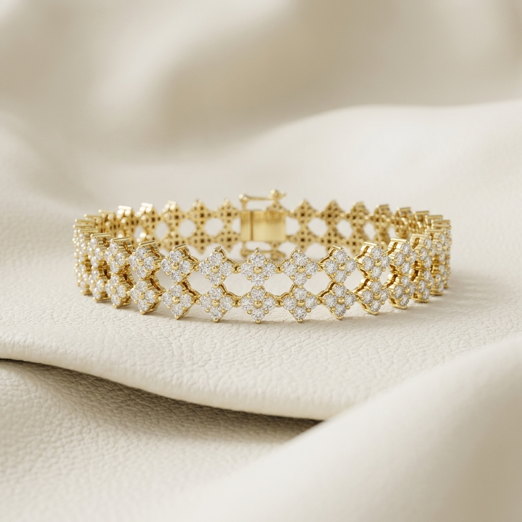 Triple-row round lab grown diamond tennis bracelet in yellow gold with floral-inspired links.
