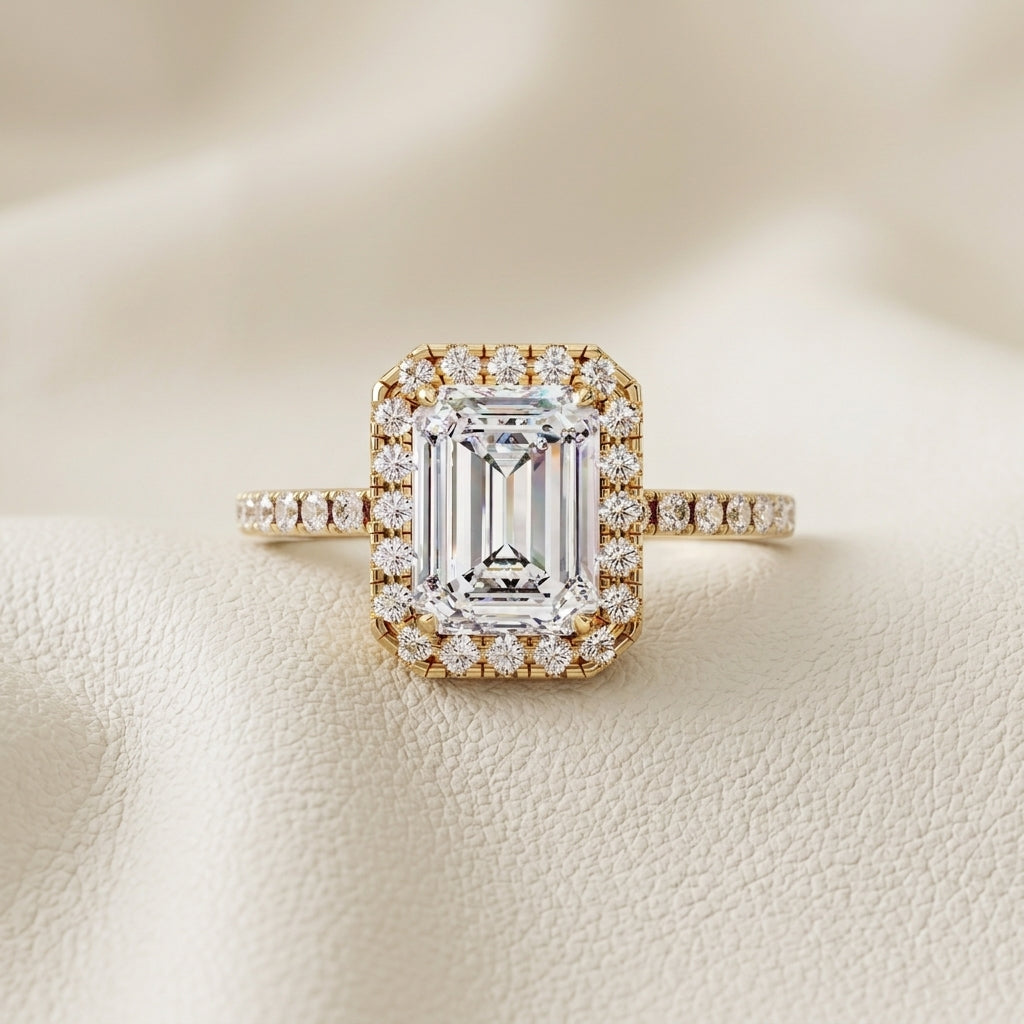 engagement ring, emerald cut ring, lab grown diamond, halo ring, yellow gold ring, emerald diamond ring, pavé ring, micro pave halo, prong setting, IGI certified, 14k gold ring, art deco ring, anniversary gift, diamond ring