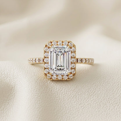 engagement ring, emerald cut ring, lab grown diamond, halo ring, yellow gold ring, emerald diamond ring, pavé ring, micro pave halo, prong setting, IGI certified, 14k gold ring, art deco ring, anniversary gift, diamond ring
