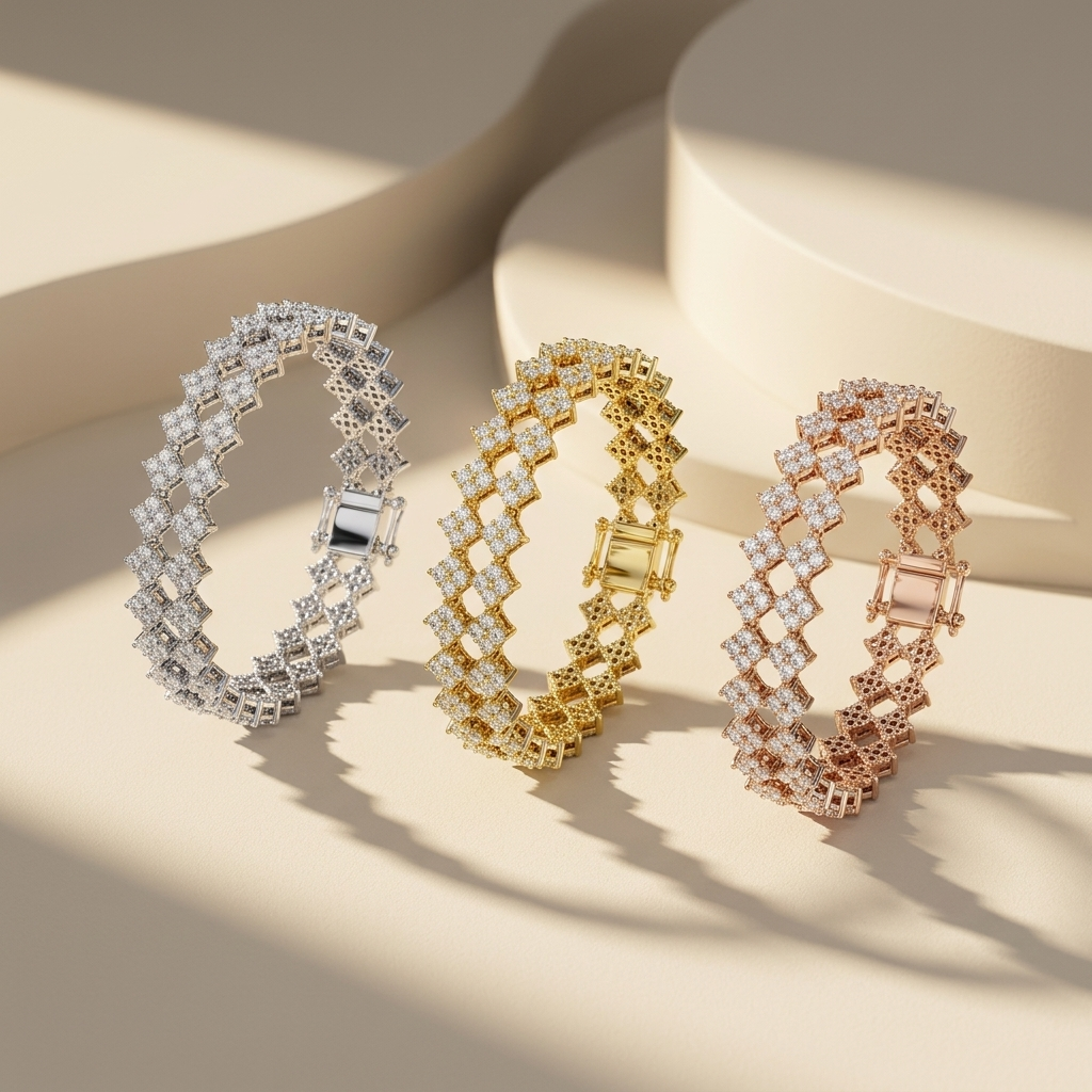 Elegant yellow gold floral tennis bracelet with secure clasp and brilliant diamond clusters.
