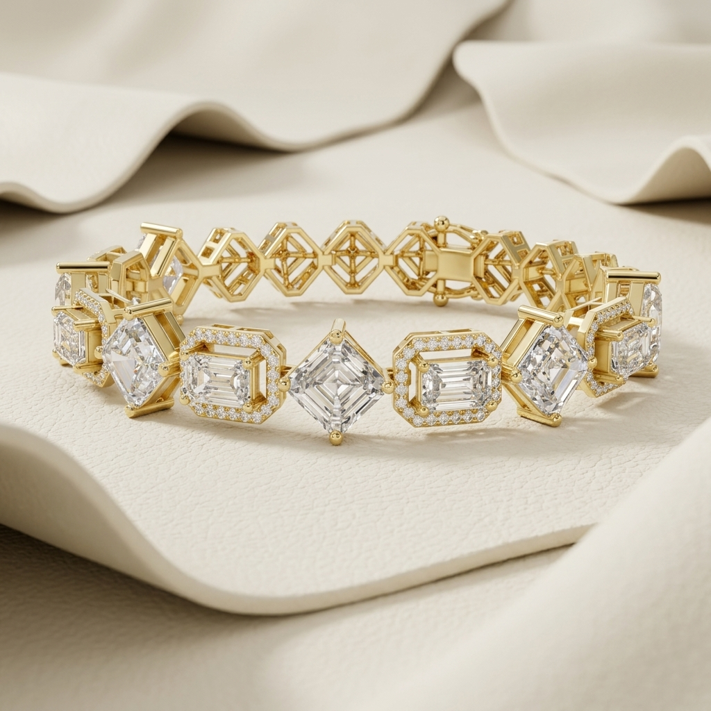 Multi shape lab grown diamond tennis bracelet in yellow gold featuring emerald and radiant cut diamonds.
