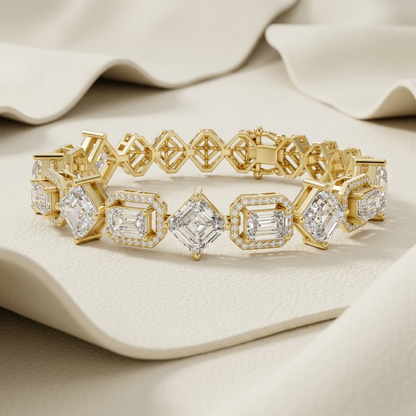 Multi shape lab grown diamond tennis bracelet in yellow gold featuring emerald and radiant cut diamonds.
