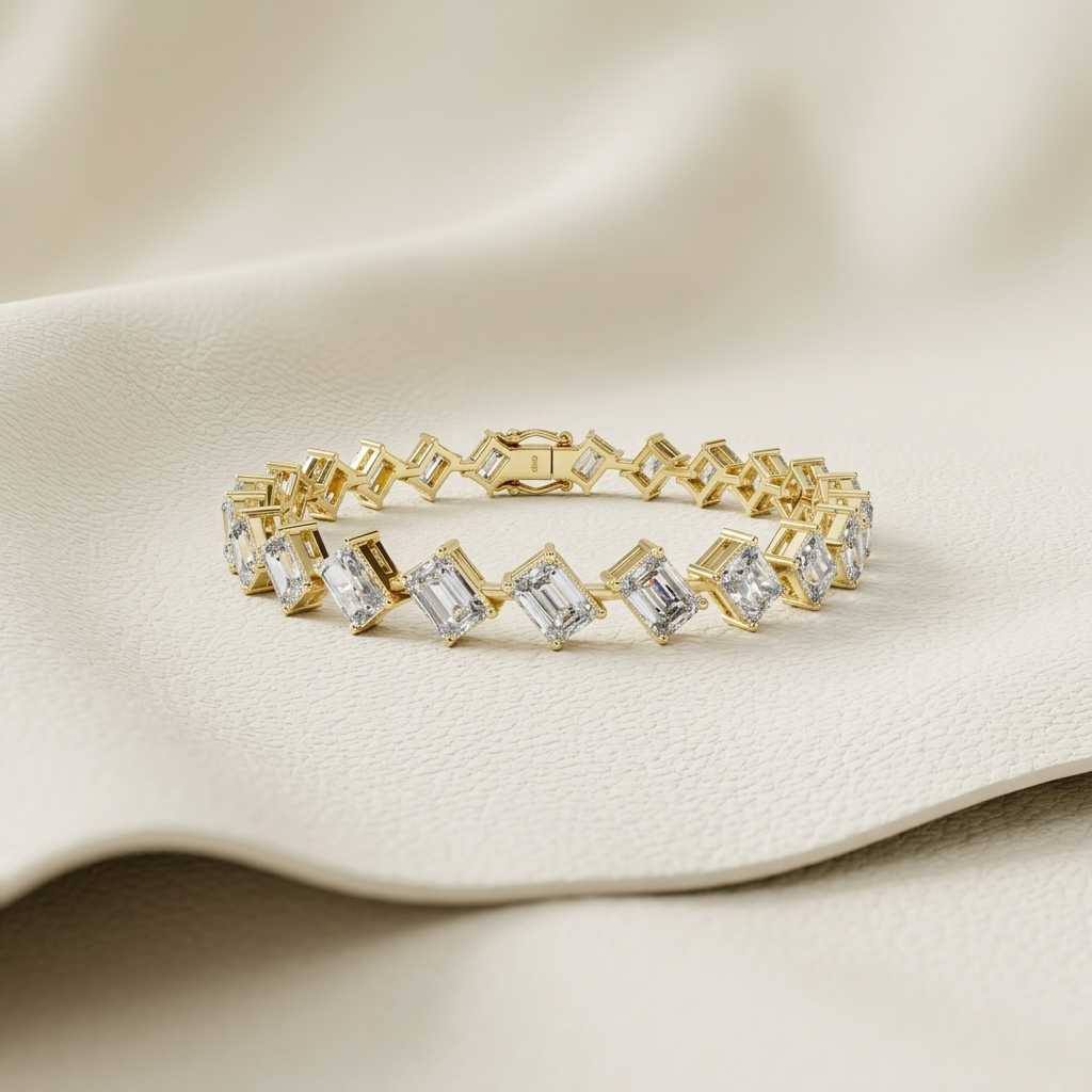 Emerald and radiant cut lab grown diamond tennis bracelet in yellow gold.
