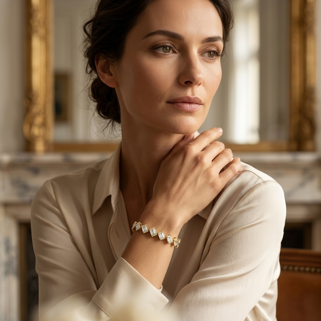 Luxury geometric bracelet featuring alternating emerald and radiant lab grown diamonds.
