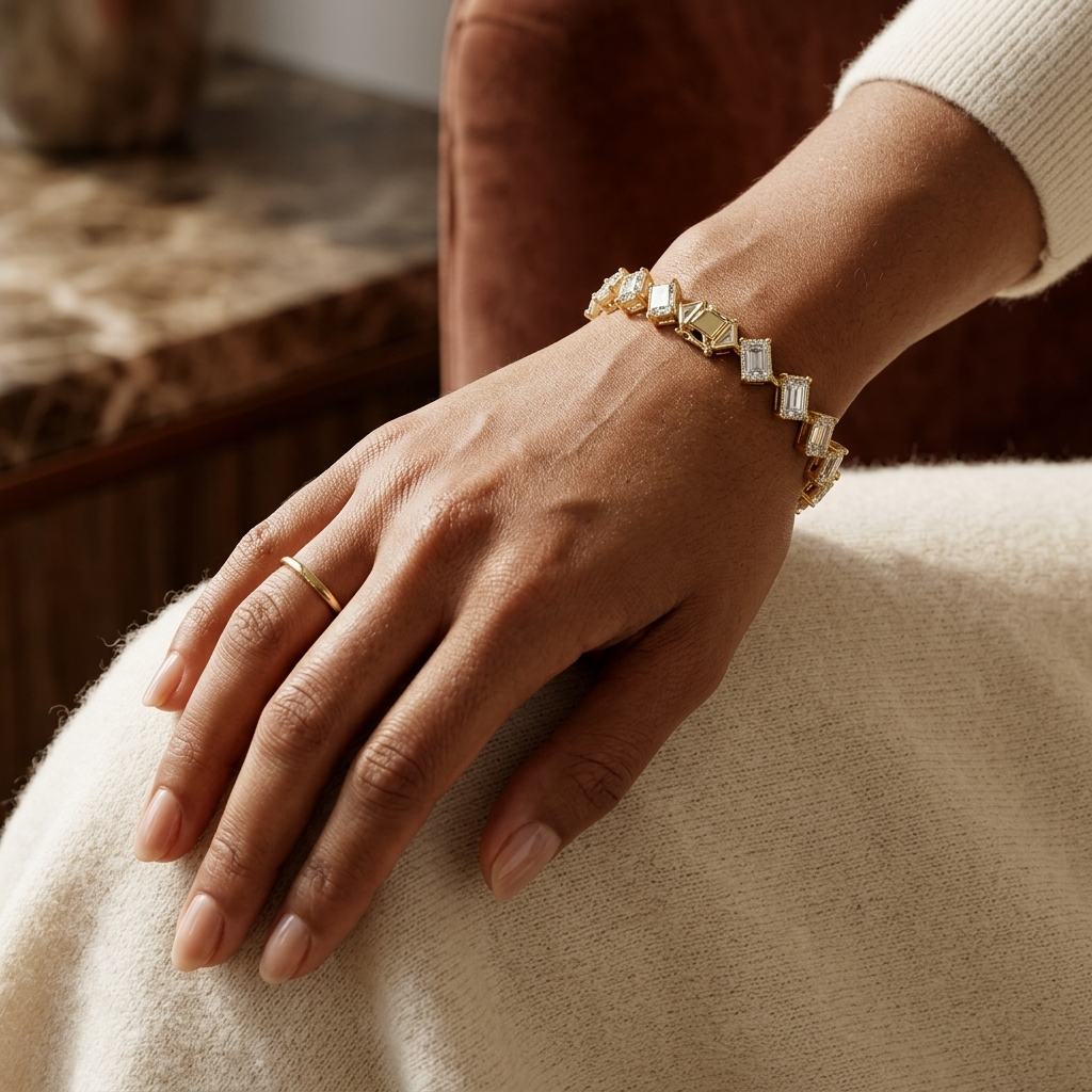 Fine yellow gold diamond tennis bracelet with modern articulated links.

