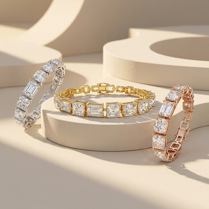 Luxury emerald and radiant diamond bracelet with geometric straight-line design.

