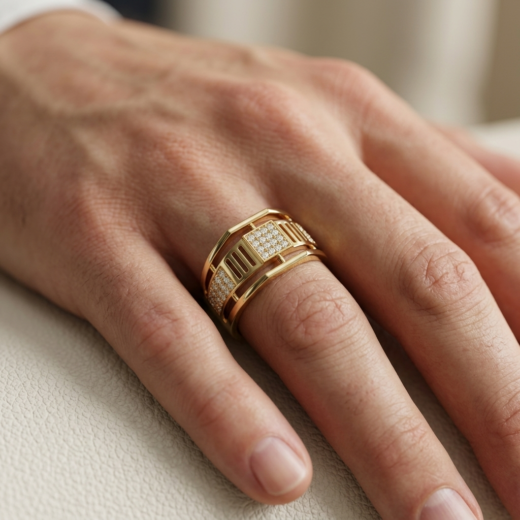 Round Lab Grown Diamond Architectural Statement Ring in Yellow Gold