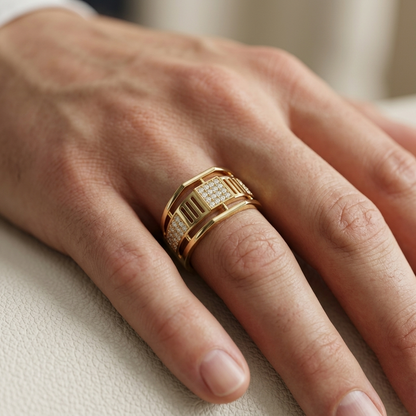 Round Lab Grown Diamond Architectural Statement Ring in Yellow Gold