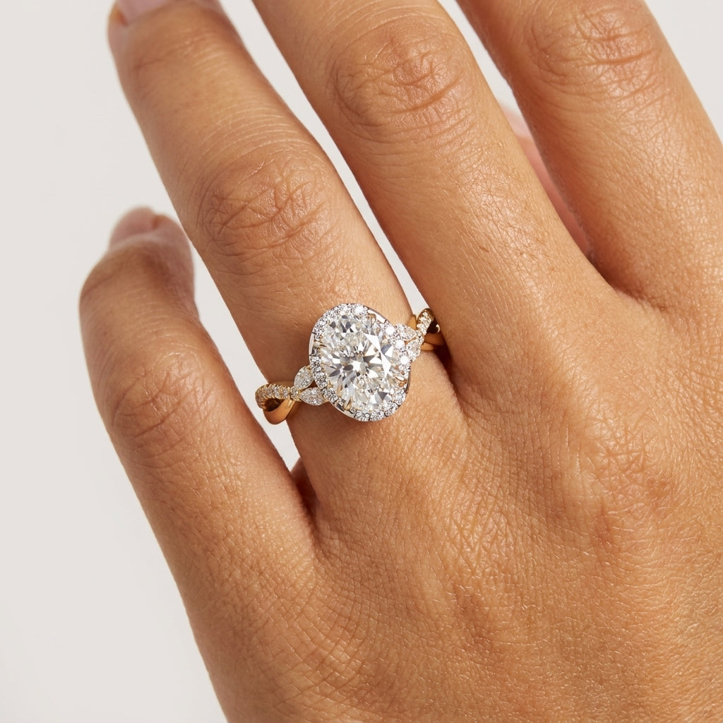 Oval Lab Grown Diamond Halo Engagement Ring with Marquise Sides