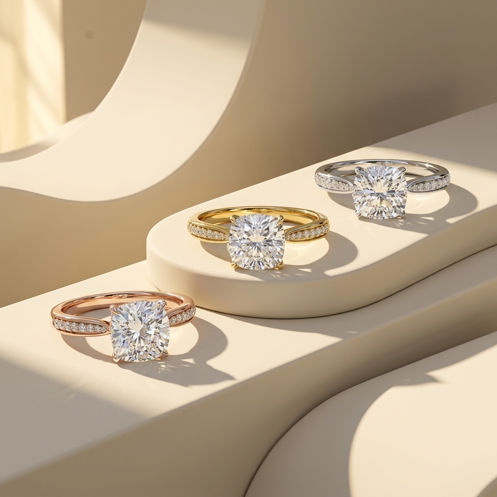 Cushion Cut Diamond Solitaire Engagement Ring with Accented Band