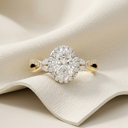 Oval Lab Grown Diamond Halo Engagement Ring with Marquise Sides