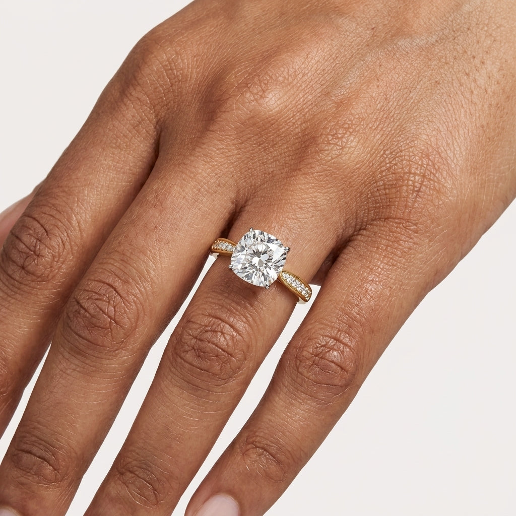 Cushion Cut Diamond Solitaire Engagement Ring with Accented Band