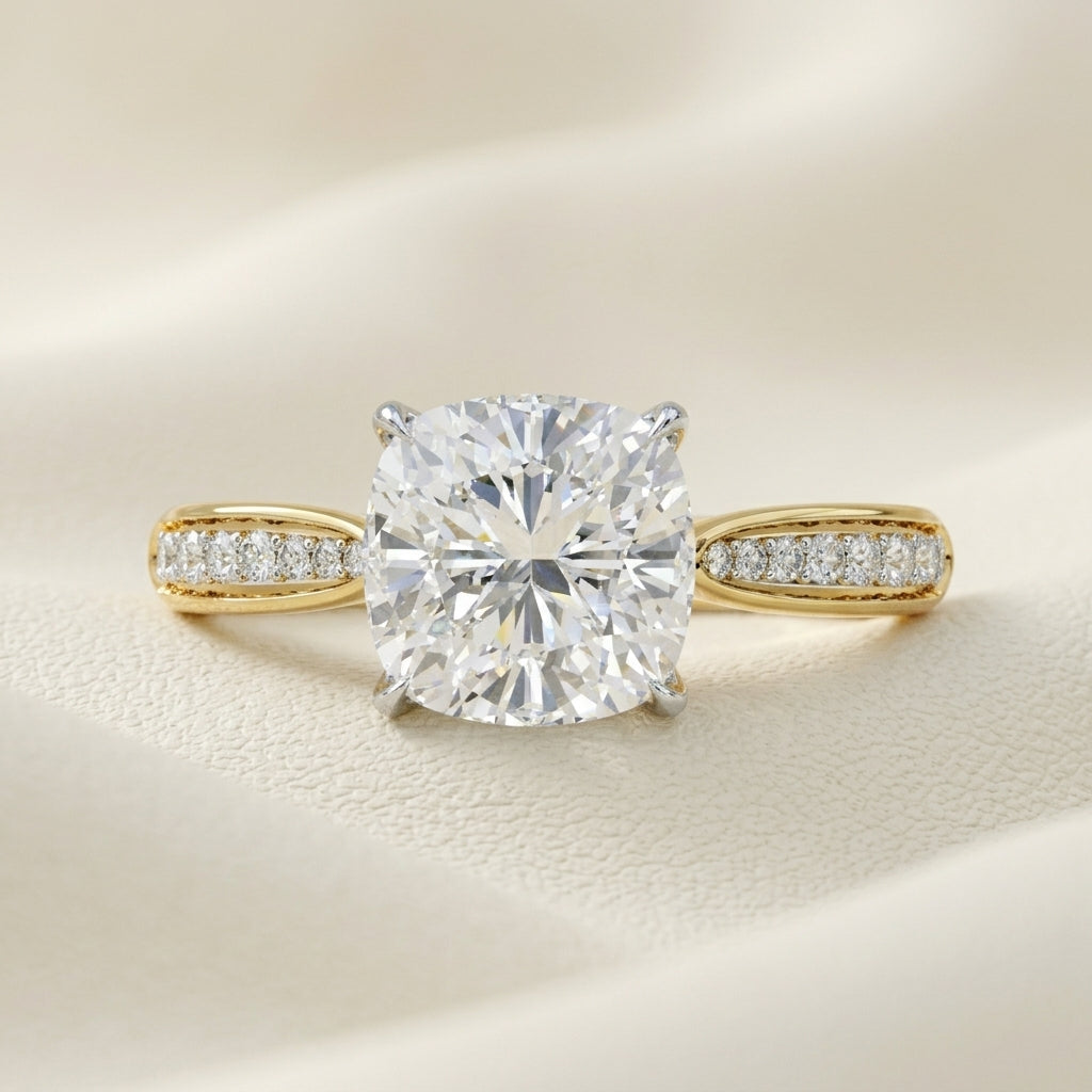 Cushion Cut Diamond Solitaire Engagement Ring with Accented Band