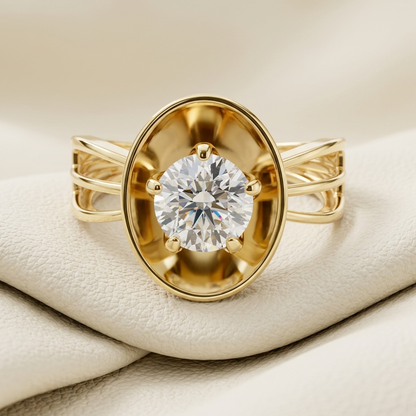 Round Lab Grown Diamond Oval Bezel Split Shank Engagement Ring