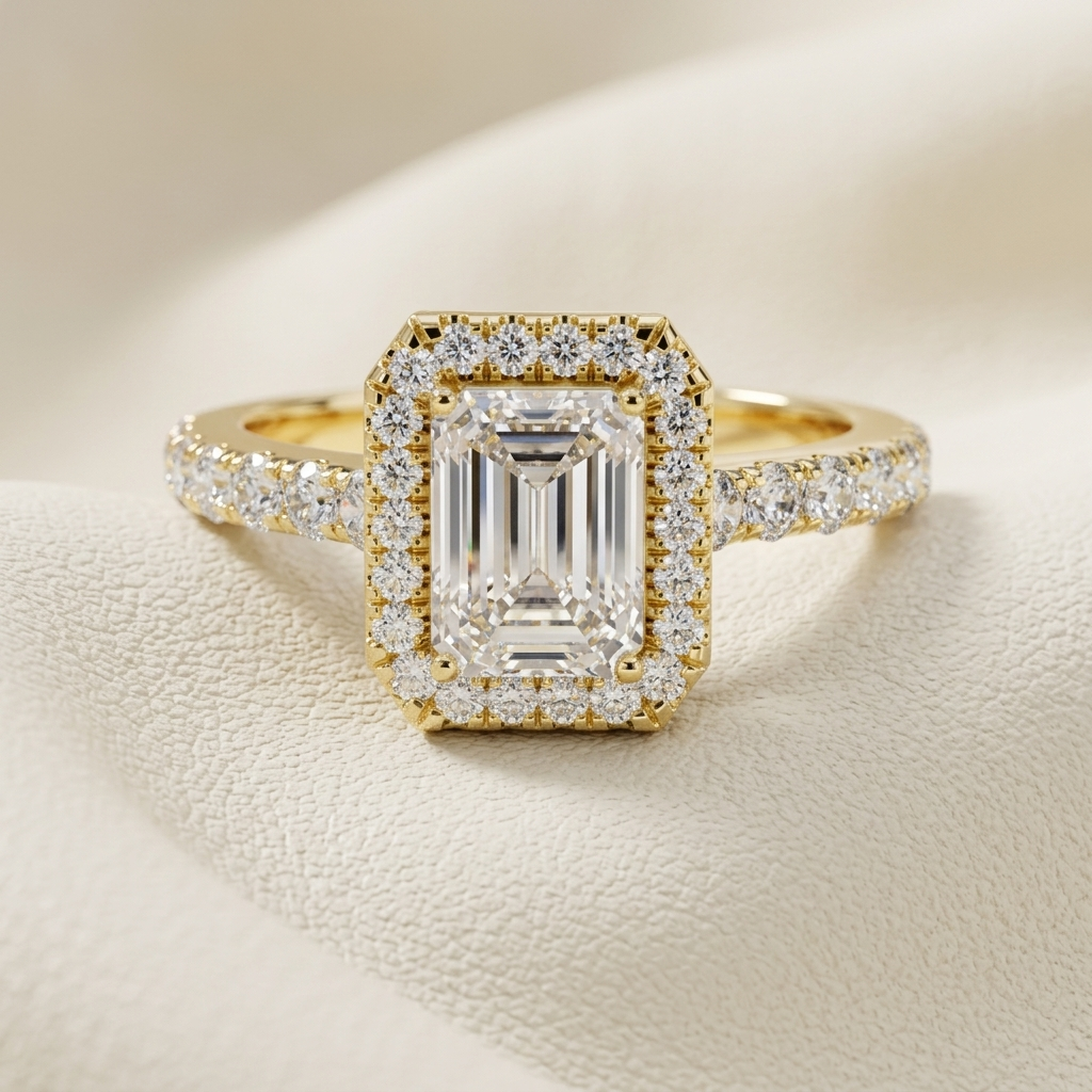Smaragdgeschliffener Diamant-Halo-Ring mit Pavé-Band | Perfekt eingefasst