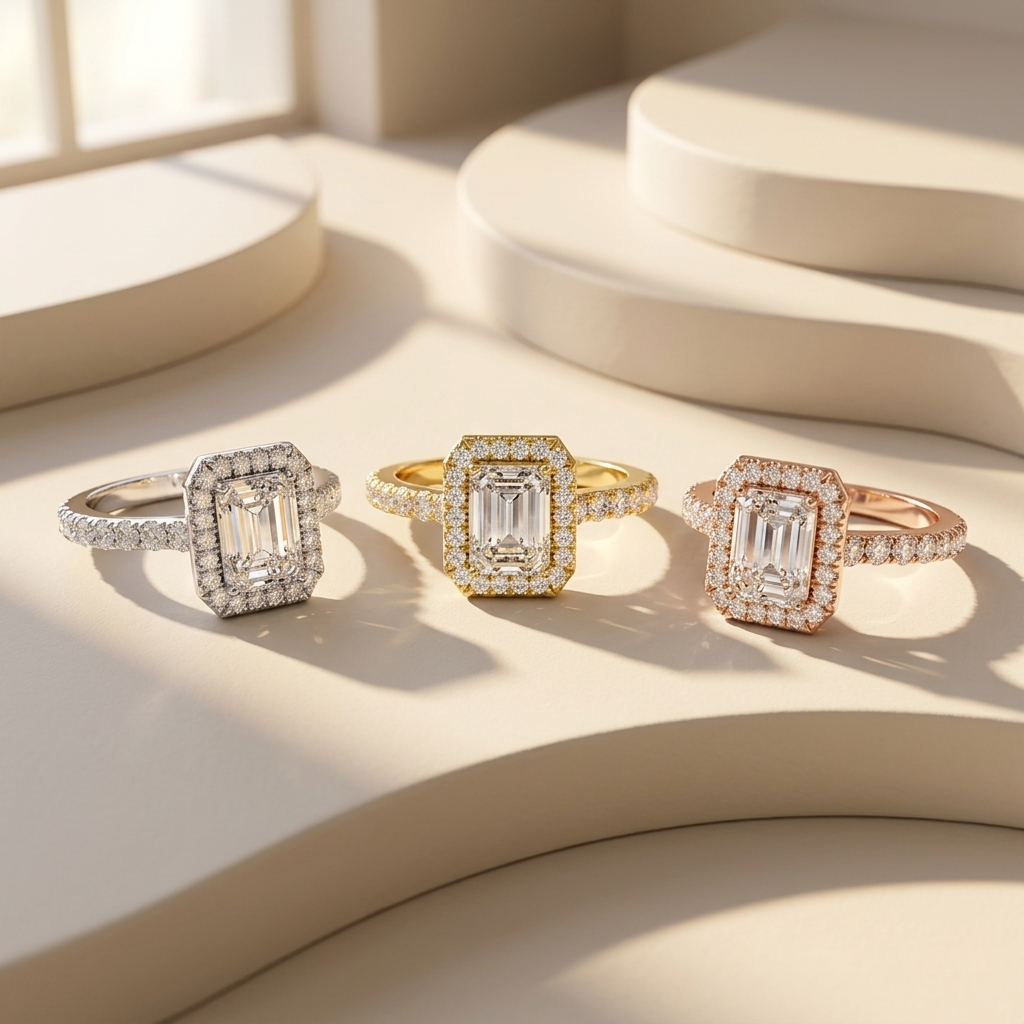 Smaragdgeschliffener Diamant-Halo-Ring mit Pavé-Band | Perfekt eingefasst