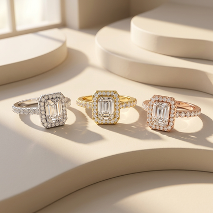Smaragdgeschliffener Diamant-Halo-Ring mit Pavé-Band | Perfekt eingefasst
