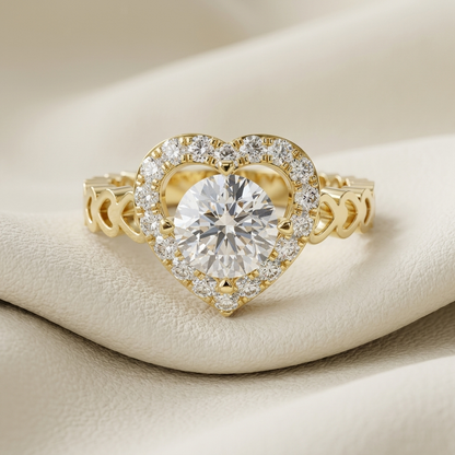 Runder Diamantring mit Herz-Halo-Design | Liebe in voller Blüte
